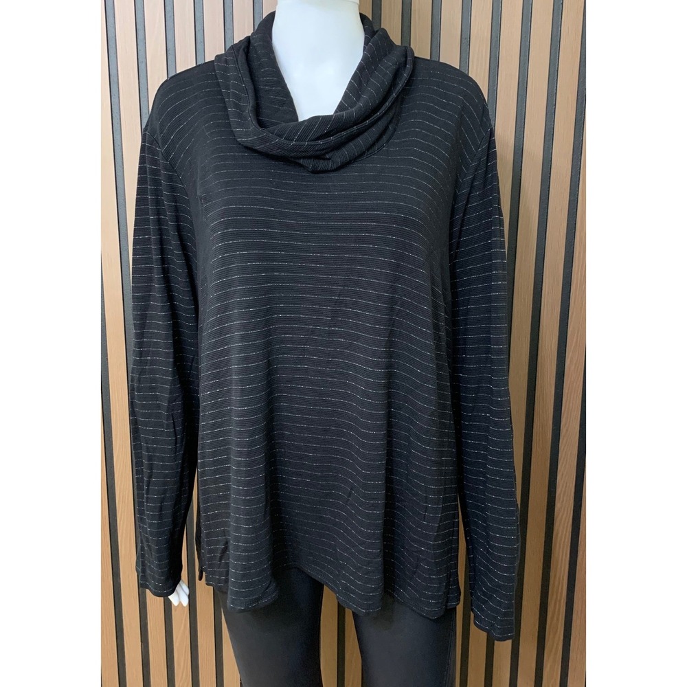 J. Jill Wearever Black Silver Metallic Stripe Cowl Neck Top 2X Women's
